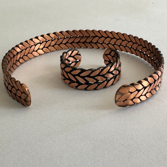 Bakırzade Yaprak Motifli Bakır Set (Bileklik & Yüzük)